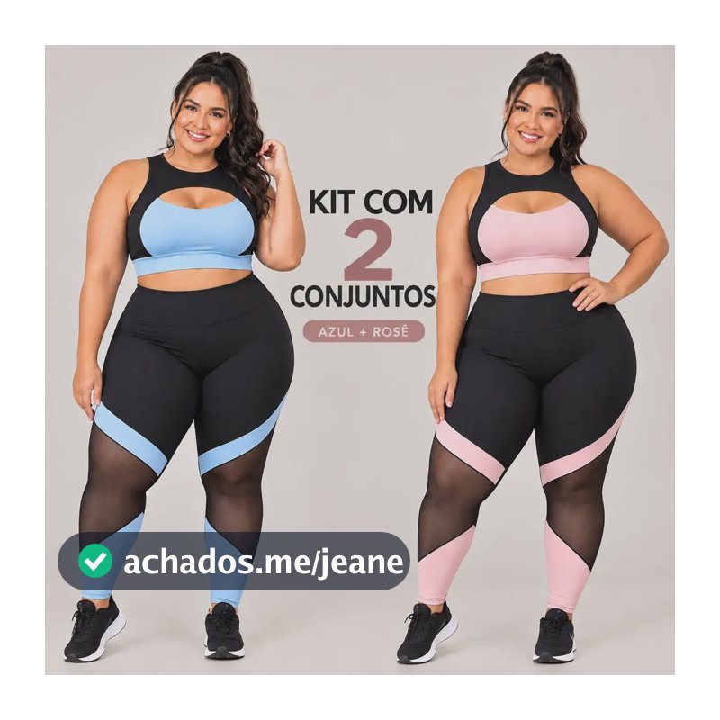 Kit 2 Conjunto Academia Plus Size Fitness Top Roupa Legging Azul/rose Lisa G1 46/48