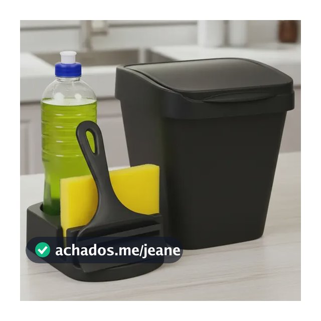 Kit Jogo Pia Porta Detergente + Lixeira 4,8l + Rodinho Preto Preto