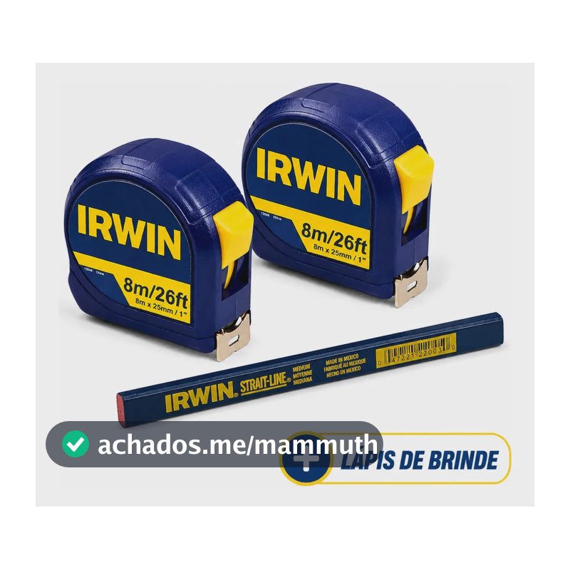 Kit 2 Unidades Trena 8m X 25mm Trava Irwin - Lw13948 + Lápis