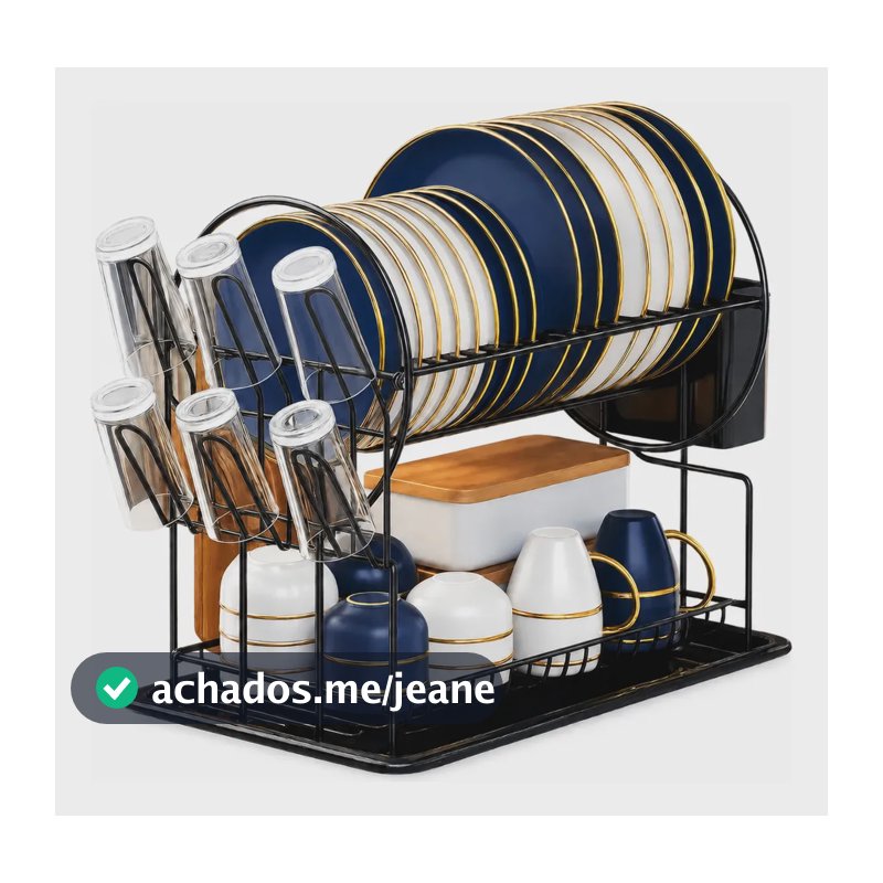 Vittak Escorredor De Louças 19 Pratos 2 Andares Porta Copos Talheres Com Bandeja Preto Aço Inox