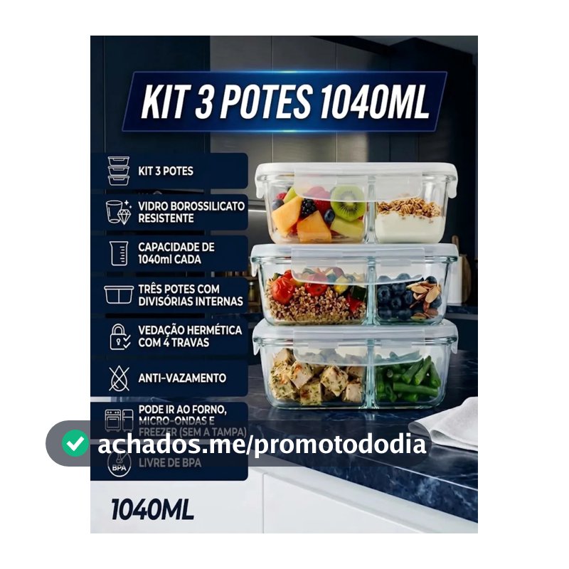 Kit 3 Potes de Vidro 1040ml com Divisória e Tampa Hermética Borossilicato Pítia