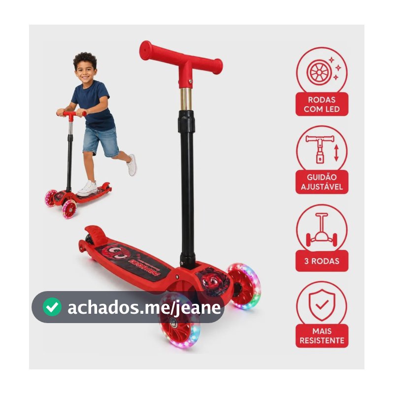 Patinete Infantil 3 Rodas Para Menino Menina Dobrável Ajustável Rodinhas Gel Com Led Atacarejo Kids Vermelho
