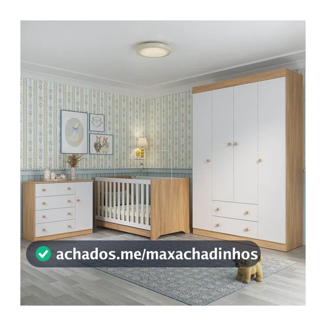 Quarto de Bebê Completo com Berço Americano 3 em 1 p/Colchão 130x70cm Encanto Multimóveis MP4581 Madeirado/Branco