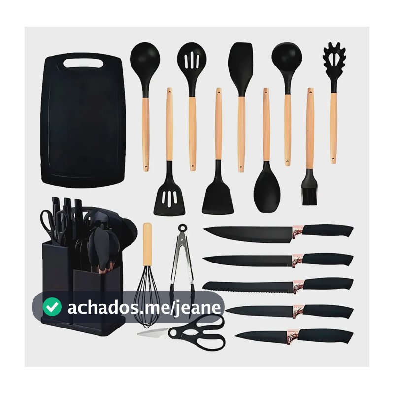 Conjunto 19 Peças Utensílios Cozinha Silicone Preto Helplo