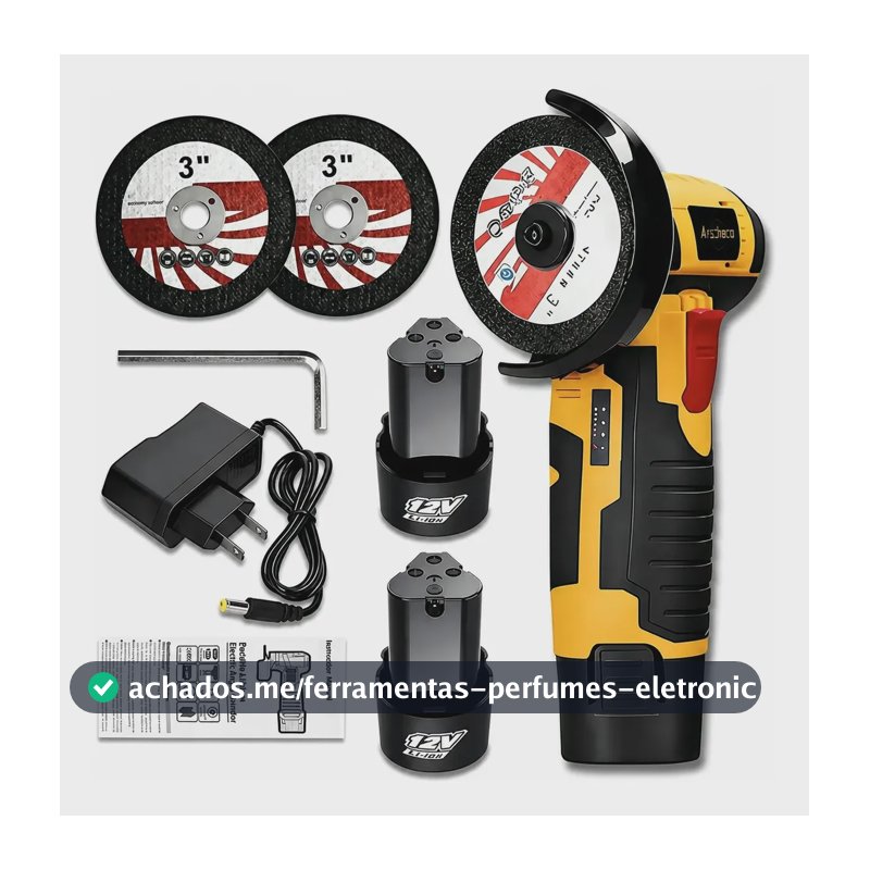 Mini Esmerilhadeira Lixadeira Angular 2 Baterias + 2 Discos Amarelo 12v 50/60 Hz