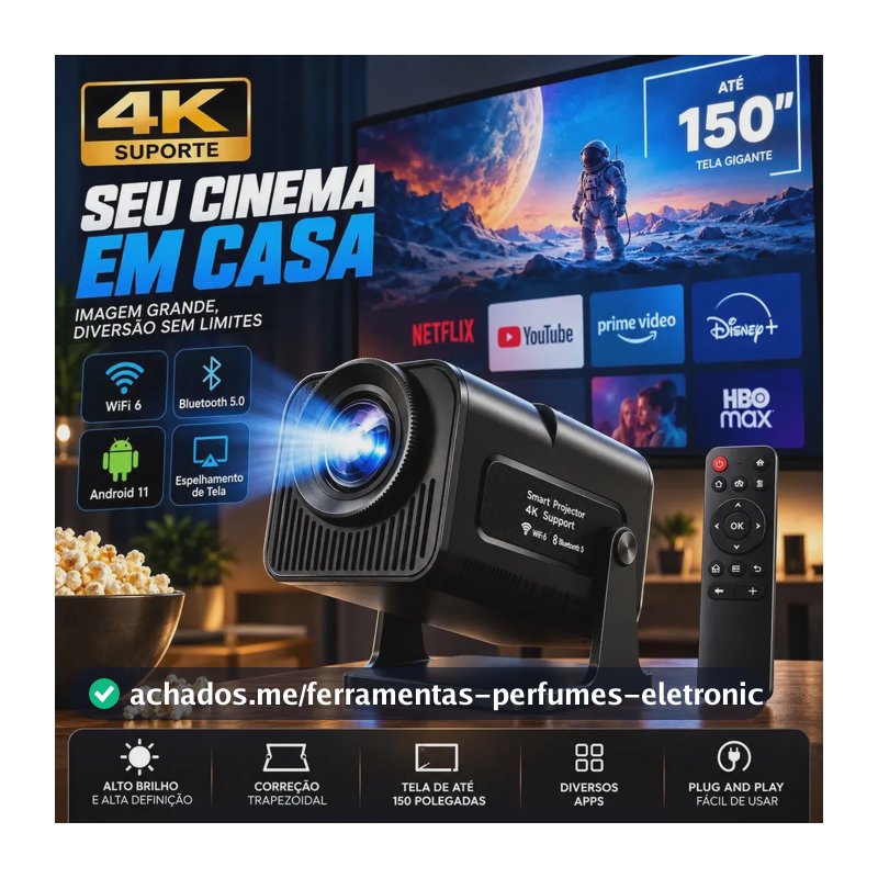 Mini Projetor VLX Hy320 Smart TV Android com Wi-Fi, Bluetooth e 4K UHD