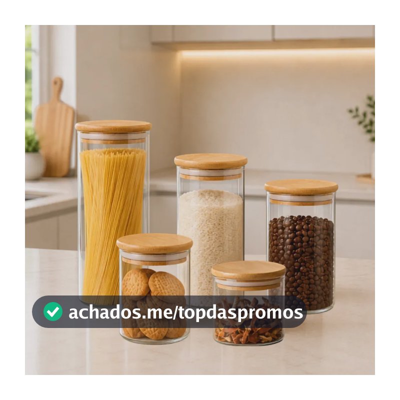 Kit 5 Potes de Vidro Herméticos Tampa Bambu Bacana Decor Porta Alimentos Mantimentos Temperos Redondo Para Cozinha