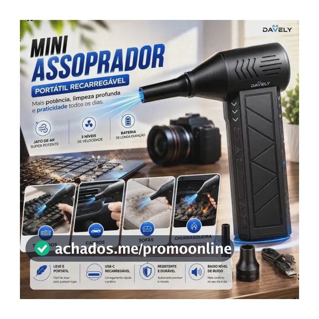 Mini Ventilador Soprador Ar Potente Turbo 130000rpm Assoprador Elétrico Sem Fio Recarregável USB-C 3 Níveis Jato Forte Portátil Multiuso Limpeza Teclado Carro Acende Churrasqueira Davely