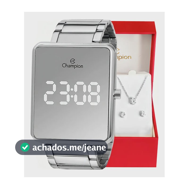 Relógio Feminino Champion CH40086S Digital Display Espelhado Led Branco com Kit Colar e Brincos