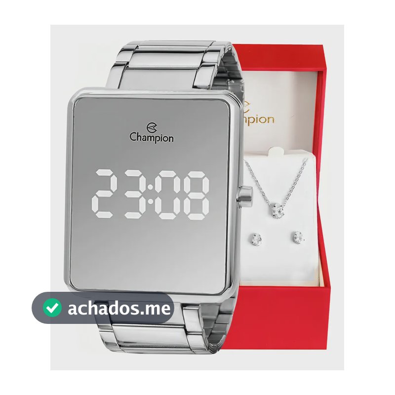 Relógio Feminino Champion CH40086S Digital Display Espelhado Led Branco com Kit Colar e Brincos