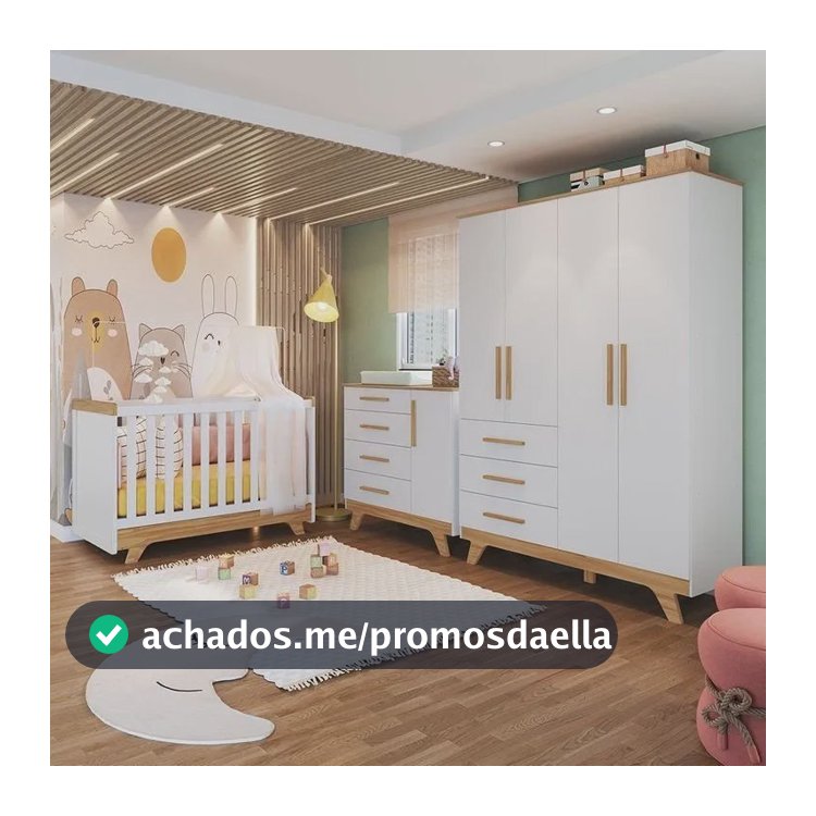 Quarto De Bebê Completo Com Guarda Roupa Cômoda E Ff Branco Brilho/amêndoa