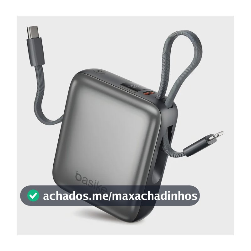 Carregador Portátil Power Bank Basike 10000mAh 22.5W Rápido 4 Saídas Cabo Embutido Display iPhone Samsung