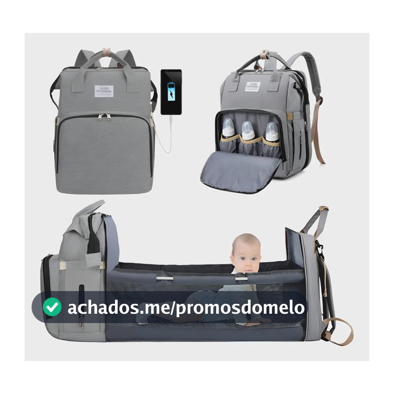 Bolsa Mochila Maternidade Vira Berço Troca Bebê Porta Frauda Cor Cinza Desenho do tecido Liso