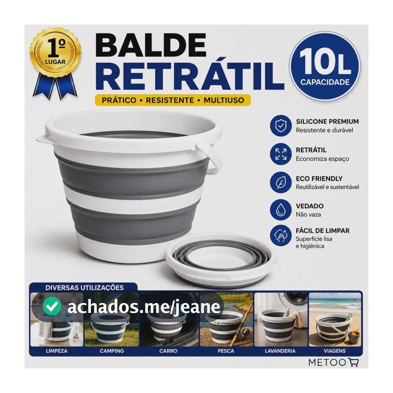 Balde Dobravel Retrátil 10L Flexível Silicone Reforçado Multiuso Compacto 10 Litros METOO