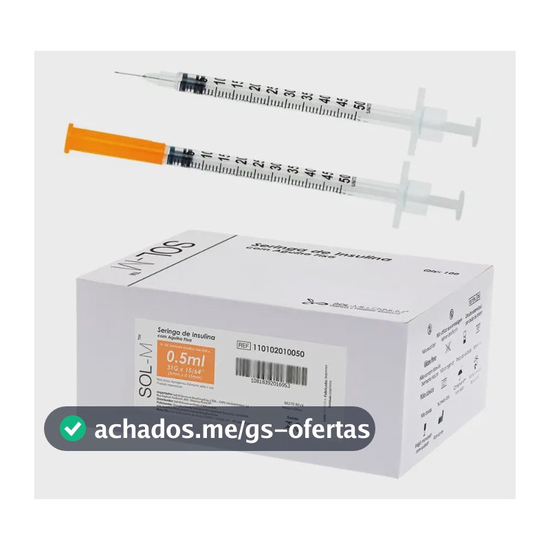 Seringa Insulina C Agulha Fixa 0,5ml 0,25mm X 6mm 31g 100un