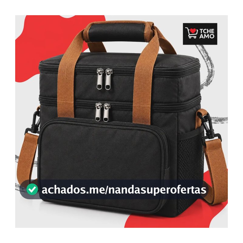 Bolsa Térmica Marmita Lancheira Alça Transversal Ajustável Removível 2 Compartimentos Organiza Conserva Seus Alimentos Quente ou Frio Cor Preto Tche Amo