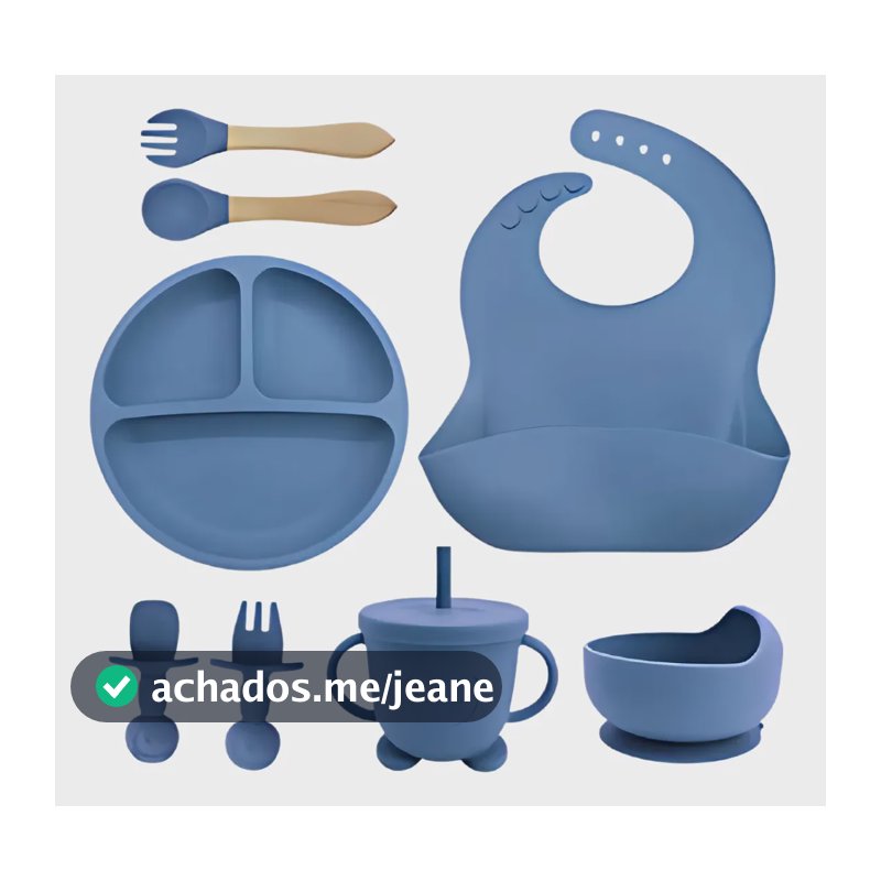 Kit Alimentação Bebê Silicone para Refeição de 8 Peças Azul-Escuro