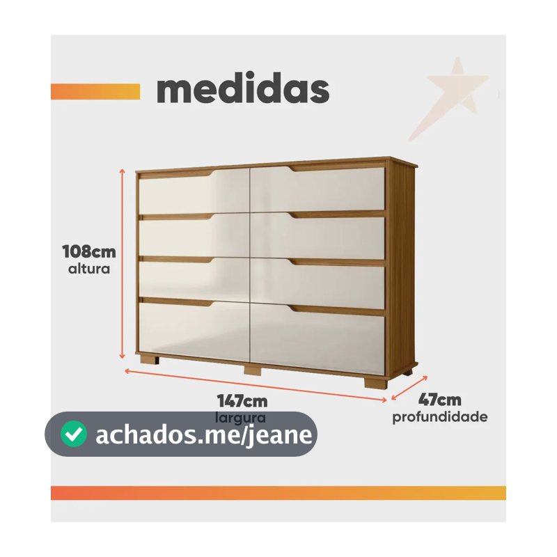 Cômoda 8 Gavetas com Pés Georgia Moval 147cm