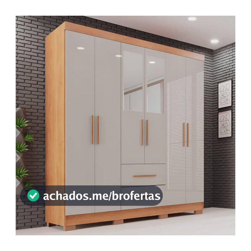 Guarda-roupa Casal com Espelho 6 Portas 2 Gavetas Sallêto Cinamomo/Off White