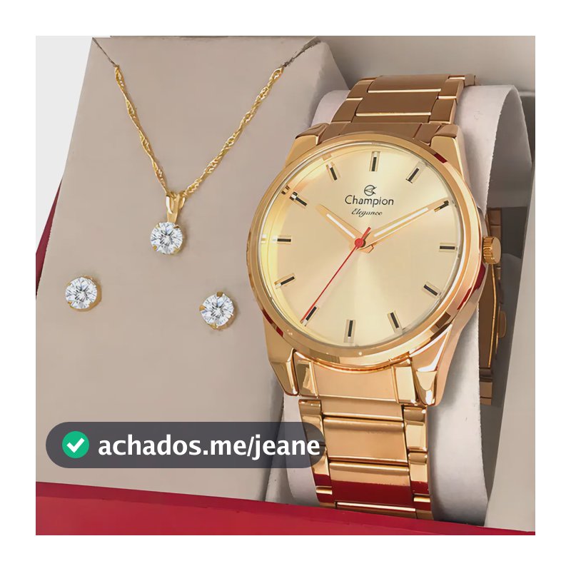 Relógio Feminino Champion Cn27590x 40 Milímetros Analógico Dourado Prova D´agua 50m Com Kit Colar E Brincos Branco
