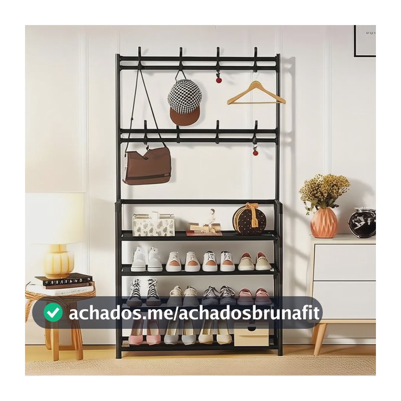 Sapateira Organizador de Metal 12 Pares Indue Preto com Cabideiro 4 Prateleiras