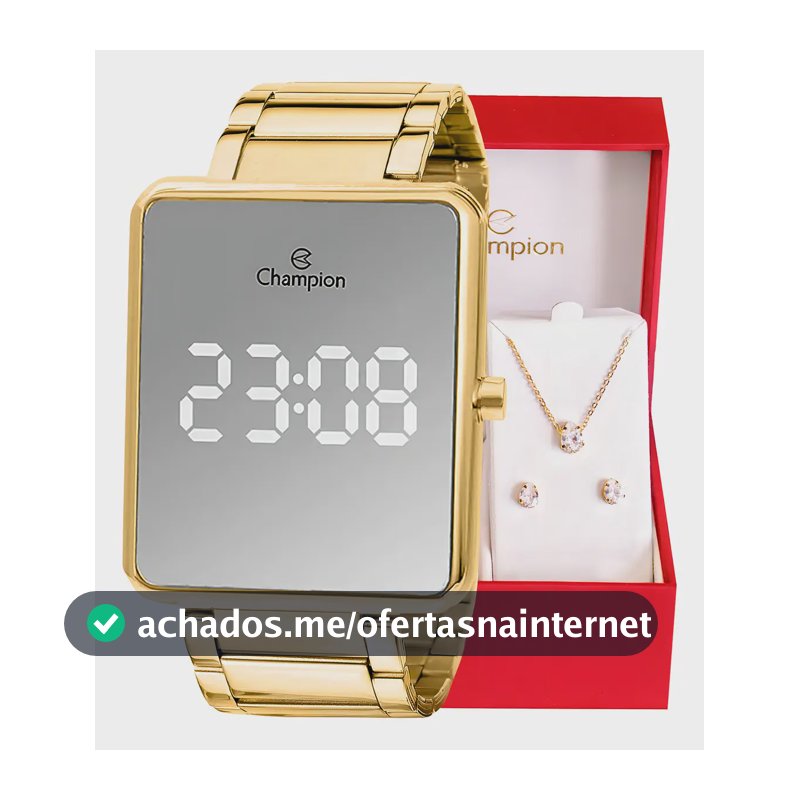 Kit Relógio Feminino Champion Digital CH40086B Display Espelhado Pulseira com Elos Dourada em Aço inoxidável com Colar e Brincos