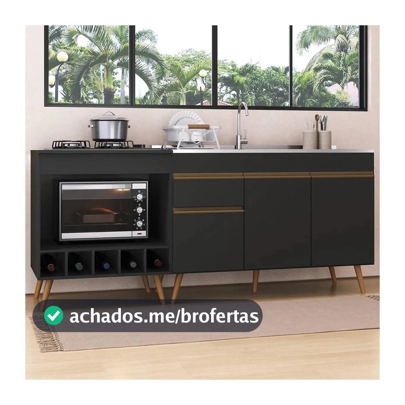 Kit Balcão de Cozinha para Pia e Balcão para Cooktop/Forno 190cm Veneza Multimóveis MP2384 Preto/Dourado