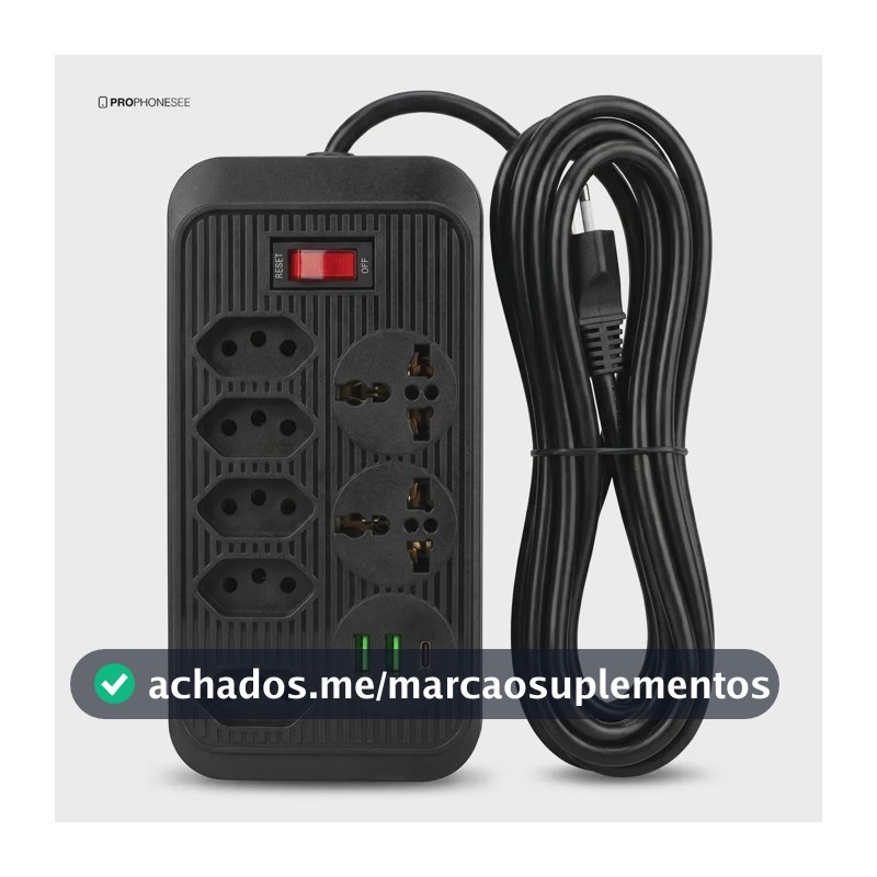 Extensão Elétrica 5 Tomadas 2 USB 1 Tipo C Pd Filtro de Linha com Proteção de Sobrecarga Tomada Universal Tripolar Cabo 5 metro Régua Energia Com Interruptor De Segurança Protetor De Surto Bivolt