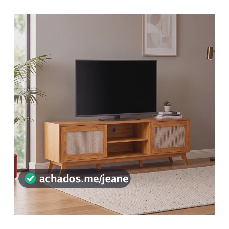 Rack Para Tv Até 75 Polegadas 2 Portas Com Palha Natural Mel