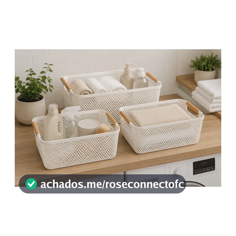 Kit 3 Cesto Organizador Multiuso Alça Madeira 27cm Branco