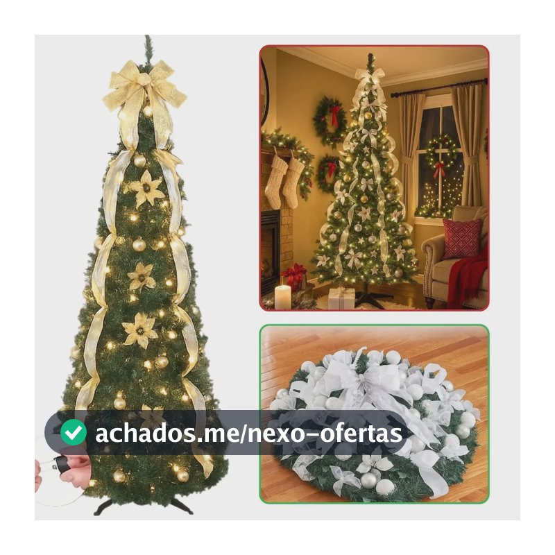 Natal Árvore Luxo Retrátil Montagem Rápida com Enfeites Laços Bolas Pisca-Pisca Verde 180cm Altura Cheia Grande Premium Branca ou Vermelha Enfeitada Decorada
