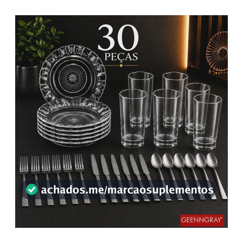Aparelho Jantar Completo Jogo 30 Peças Pratos Fundos Lisa + Copos Vidro Liso + Talheres Inox Mesa Posta Geenngray
