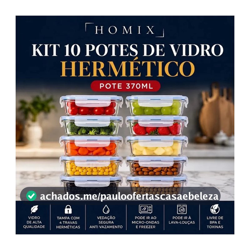 Kit 10 Potes 370ml Vidro Hermético Marmita Fitness Com Tampa Quatro Travas Retangular Anti Vazamento Trasparente