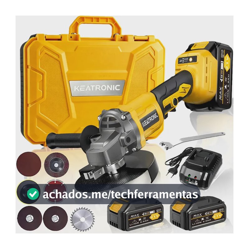 Esmerilhadeira Angular sem fio 12000RPM Rosca M14 disco de 125 mm 2 baterias de 21 V 6,0 Ah motor 980 W industrial de cobre puro Keatronic kit de ferramentas com carregador bivolt 50/60 Hz