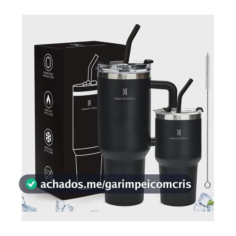 Kit Copo Térmica Inox 1200ml & 600ml Com Tampa E Canudo Preto Cor Pura