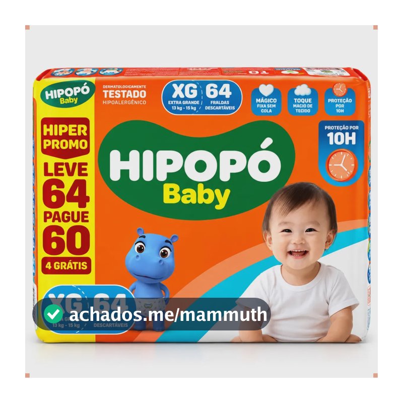 Fralda Descartável Hipopó Baby Hiper Promo XG, Com 64 Unidades Para 12 a 15 kg