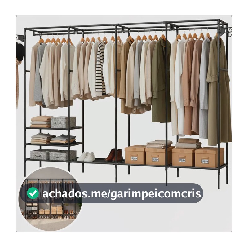 Guarda Roupa Cabideiro Organizador Closet Aberto Desmontavel Arara Divisórias 10 Prateleiras Aço Resistente Preto Irsina