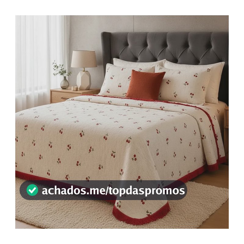 Colcha Casal Piquet 3 Peças Cerejinha Franja Vermelha Luxo Branco