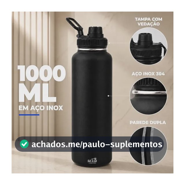1000ml Garrafa Térmica Isolada A Vácuo Squeeze Aço Inox 304 para Água Gelada Esporte Academia com Alça e Bico Preto Sólar