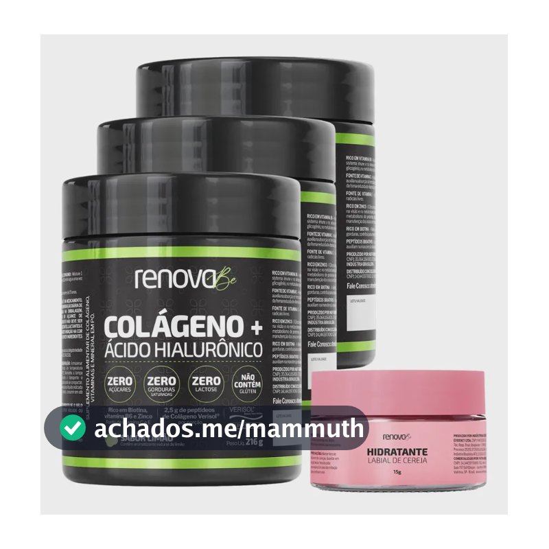 Kit 3x Colágeno + Ácido Hialurônico Sabor Limão Renova Be Colágeno Hidrolisado Vitaminas E, C, B6 Biotina Zinco Proteína