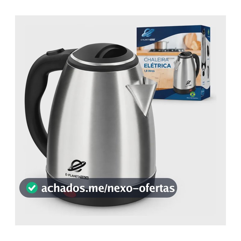 Chaleira Elétrica De Aço Inox PlanetaTech 1200w 1,8 Litros com Desligamento Automático e Base Giratória