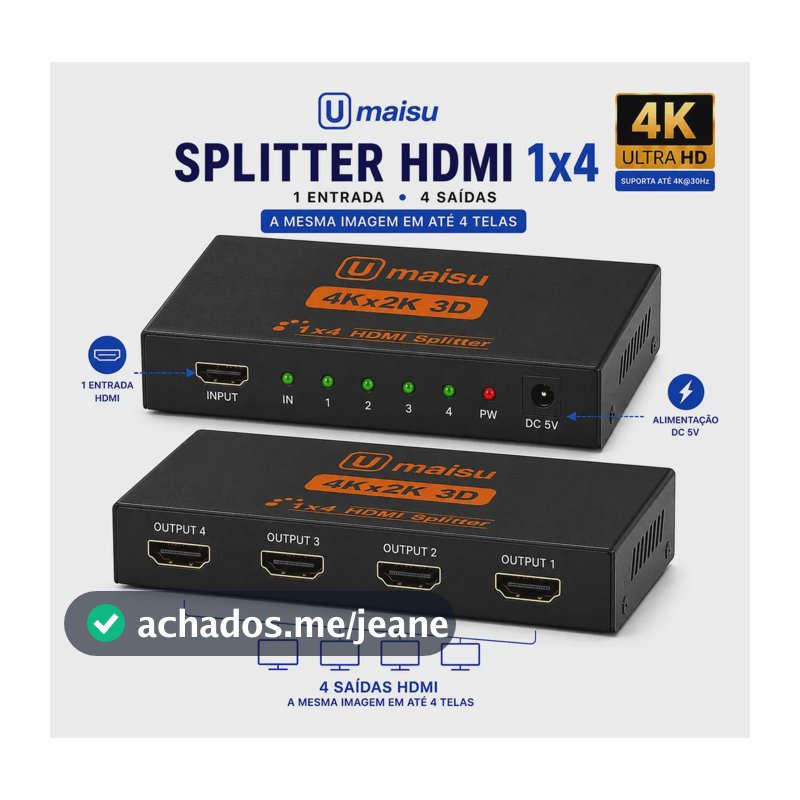Splitter Distribuidor Divisor Hdmi 4k 1x4 3840p Repetidor De Sinal Para Telas Monitores E Projetores - U Maisu