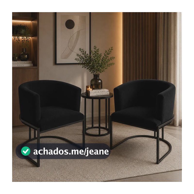Kit 2 Poltronas Luxo Ferro Veludo Sala Luxousa Base Preto Preto Liso