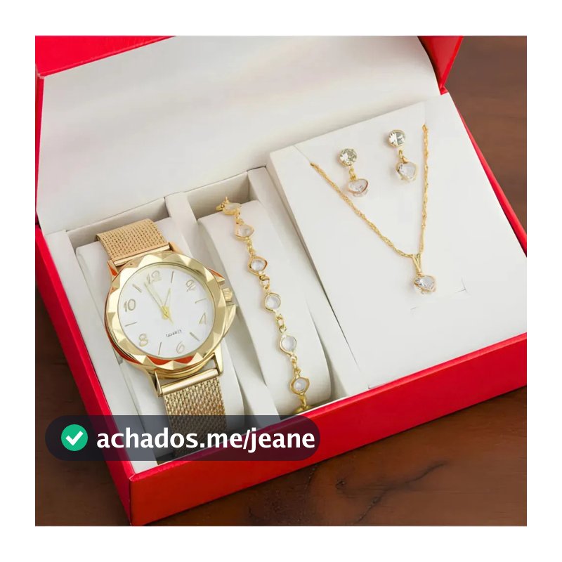 Kit Relógio Feminino Colar Brinco Pulseira Folheado Presente Dourado