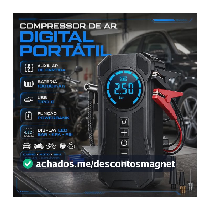 Mini Compressor De Ar Portátil Bateria Emergência Ignição Automotiva Potente Preto Compacto
