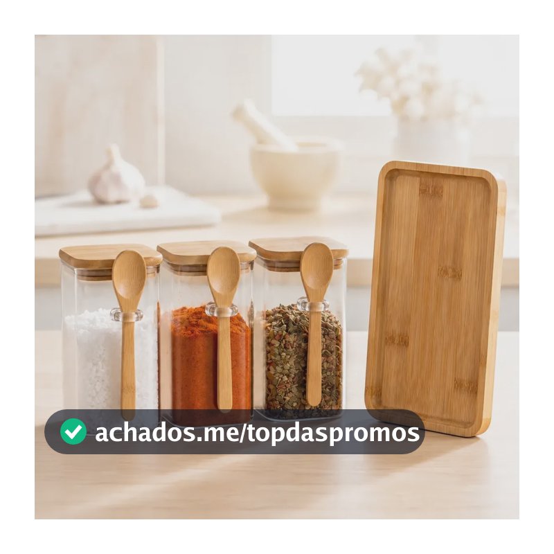 Kit 3 Potes Porta Temperos Vidro Tampa Bambu Colher Bandeja Vidro Transparente Bambu Natural