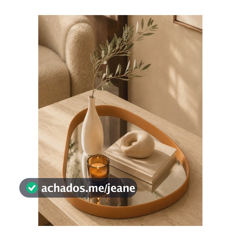 Bandeja Espelhada Orgânica Decorativa Borda Couro Multiuso Caramelo