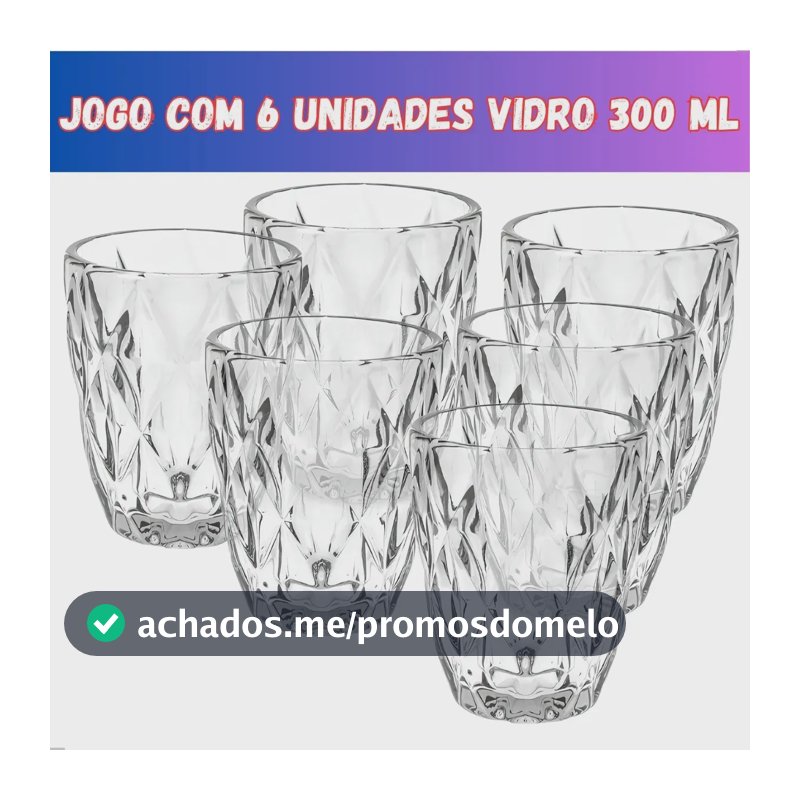 Jogo 6 Copos Vidro Diamante Grosso Resistente Agua 300ml Branco Ms Variedades