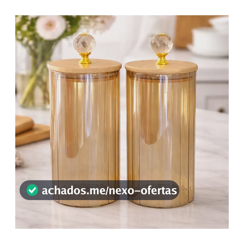 Kit 2 Potes Vidro Canelado Tampa Bambu Hermético 1l Âmbar