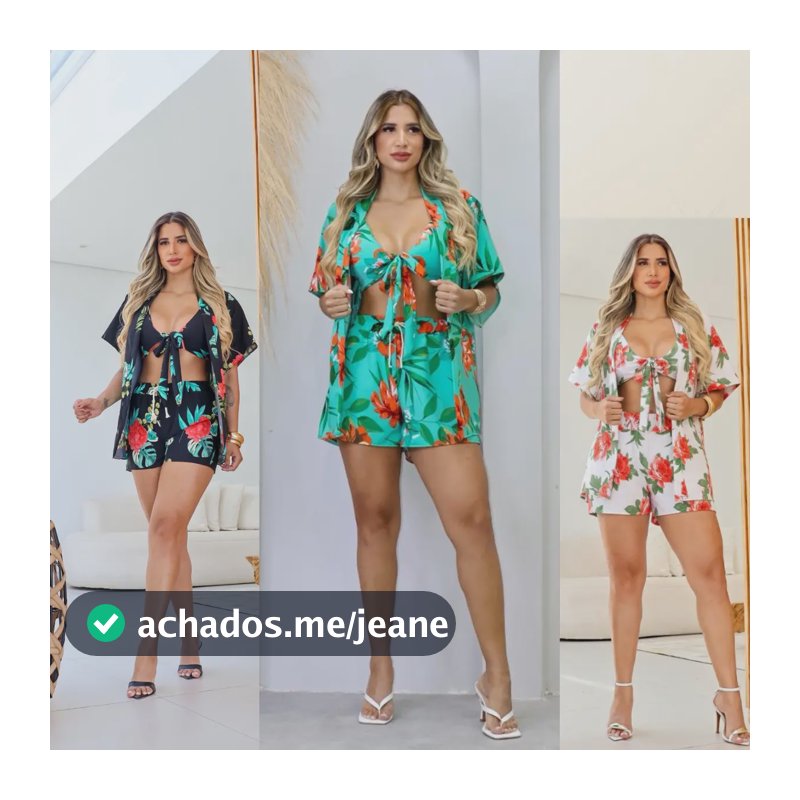 Biquini Conjunto 3 Peças Kimono Short Top Saída De Praia Kimono Verde Estampado Gg
